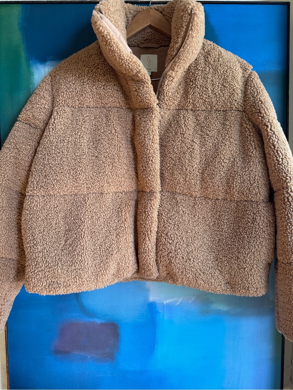 Joie Women's Beige Teddy Fleece Cropped Puffer Jacket